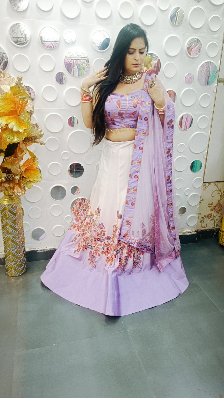 Silk Embroidered Lehenga with Designer Blouse & Net Dupatta