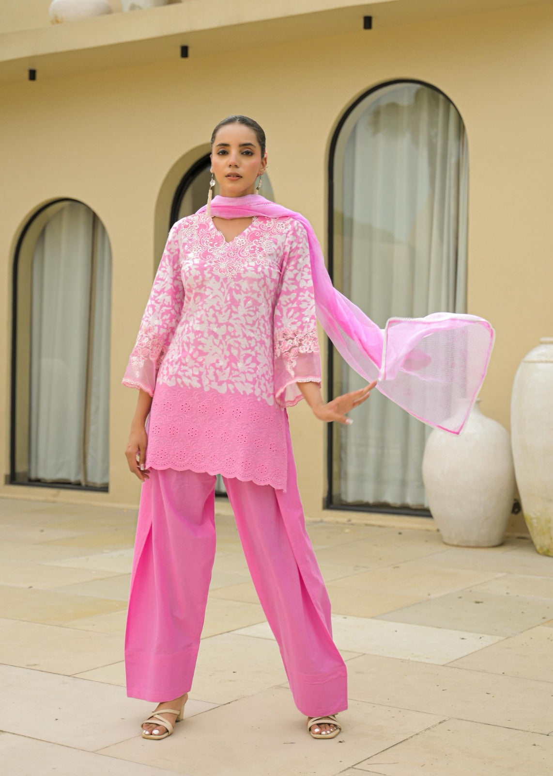 Pink Cotton Embroidered Suit Set