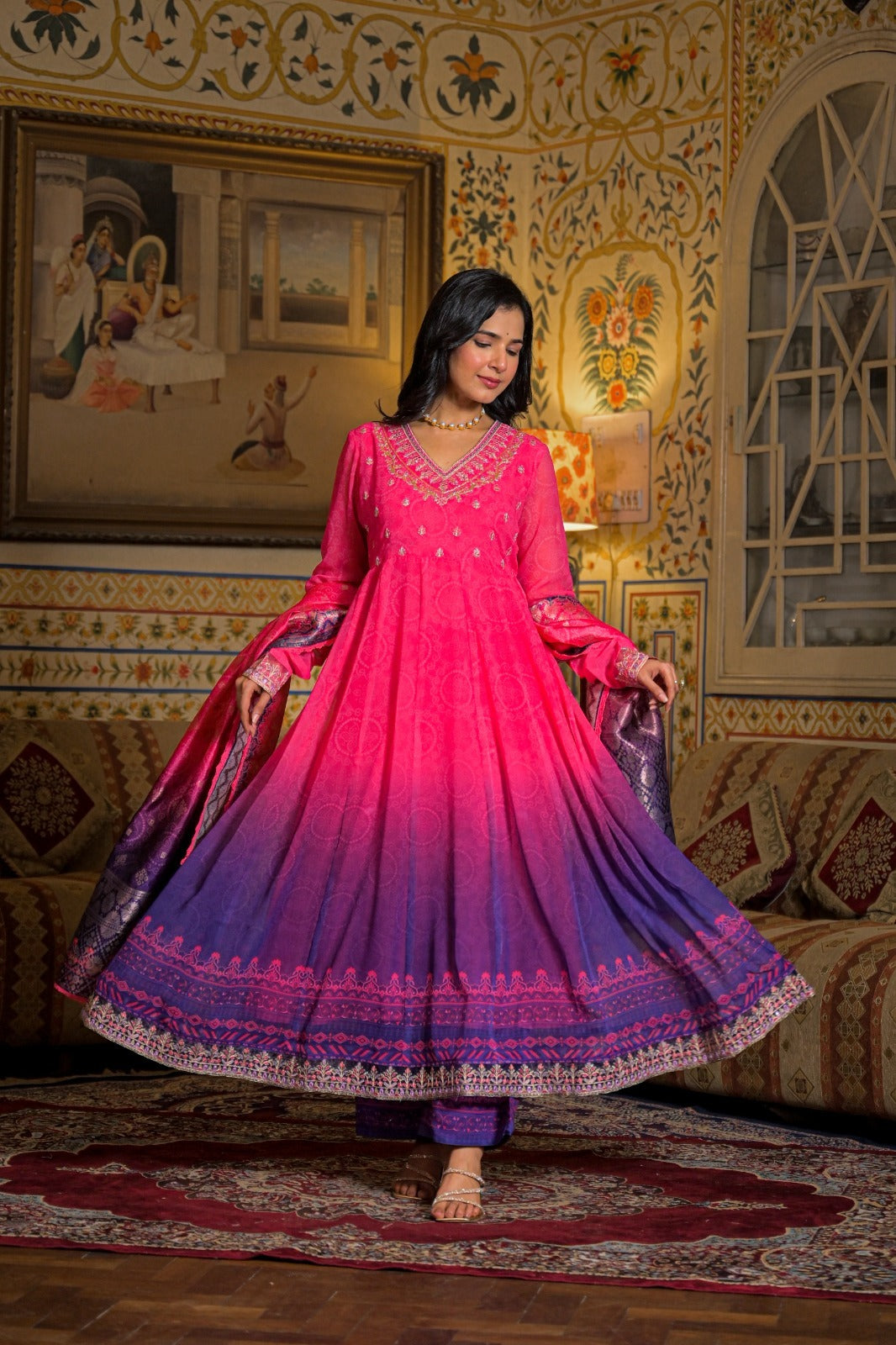 Pink & Purple Ombre Anarkali Suit Set