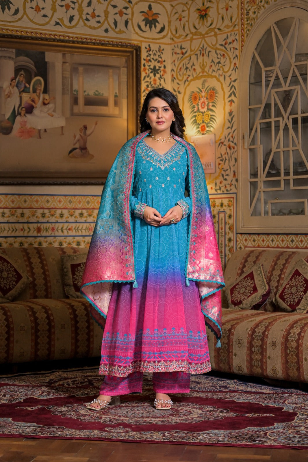 Blue Pink Ombre Anarkali Suit Set