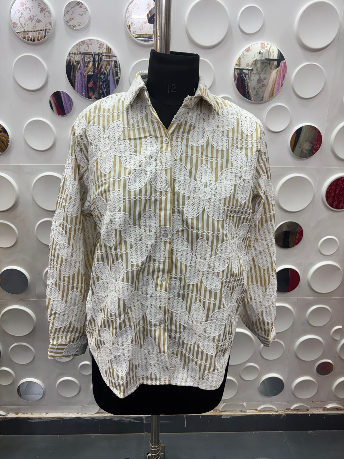 🌸 Striped Lace Overlay Shirt – Yellow & White