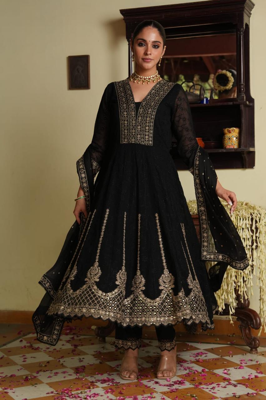 Black Embroidered Anarkali Suit Set
