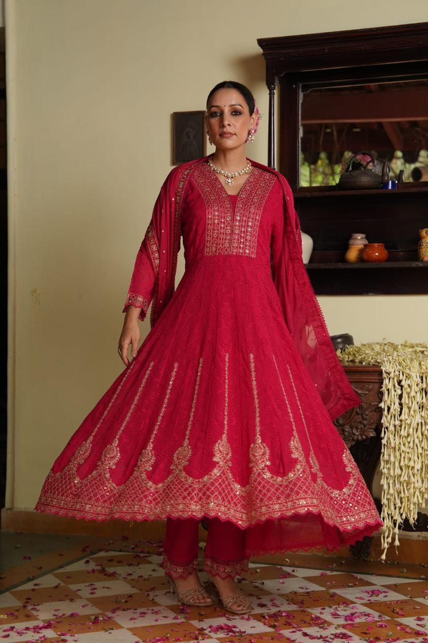 Red Embroidered Anarkali Suit Set