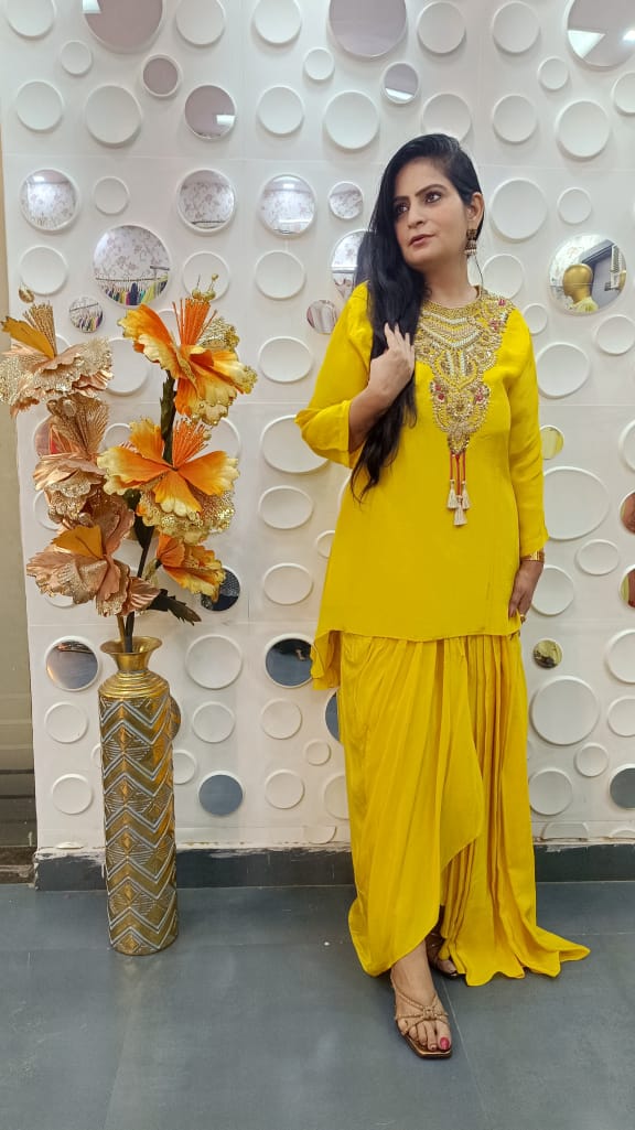 Indo-Western Yellow Draped Set