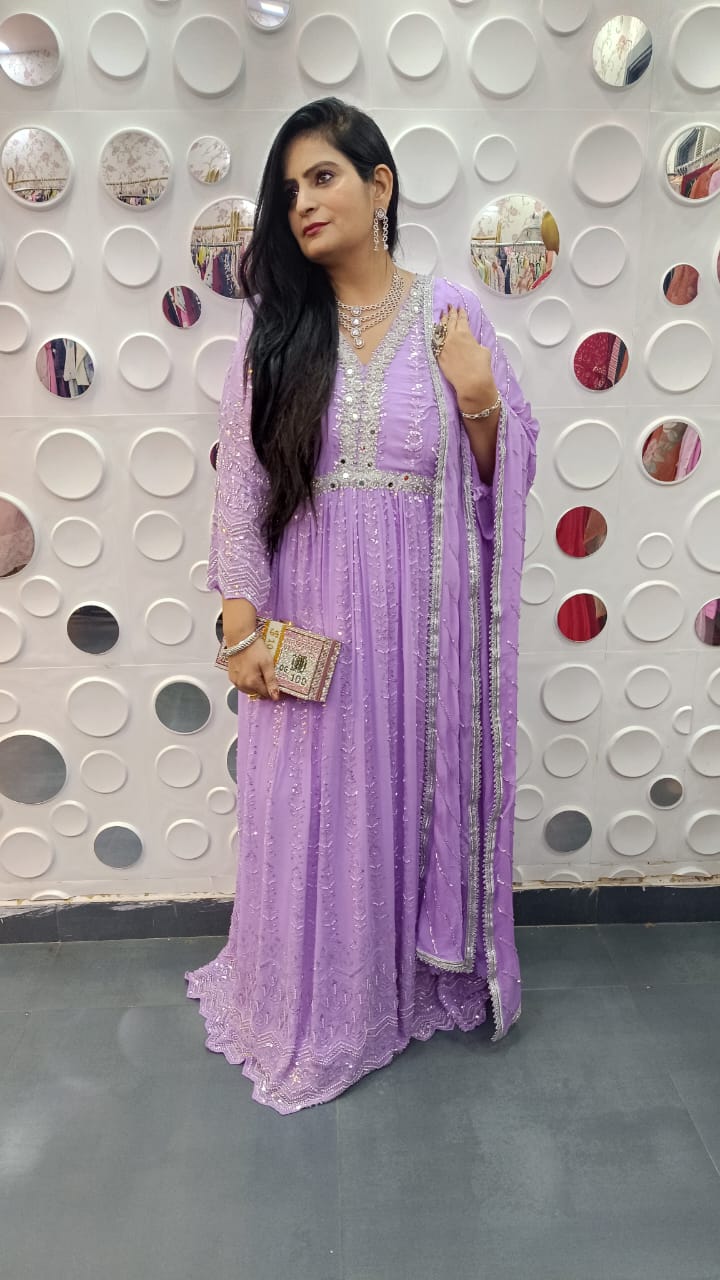 Georgette Hand-Embroidered Mirror Work Anarkali Set.