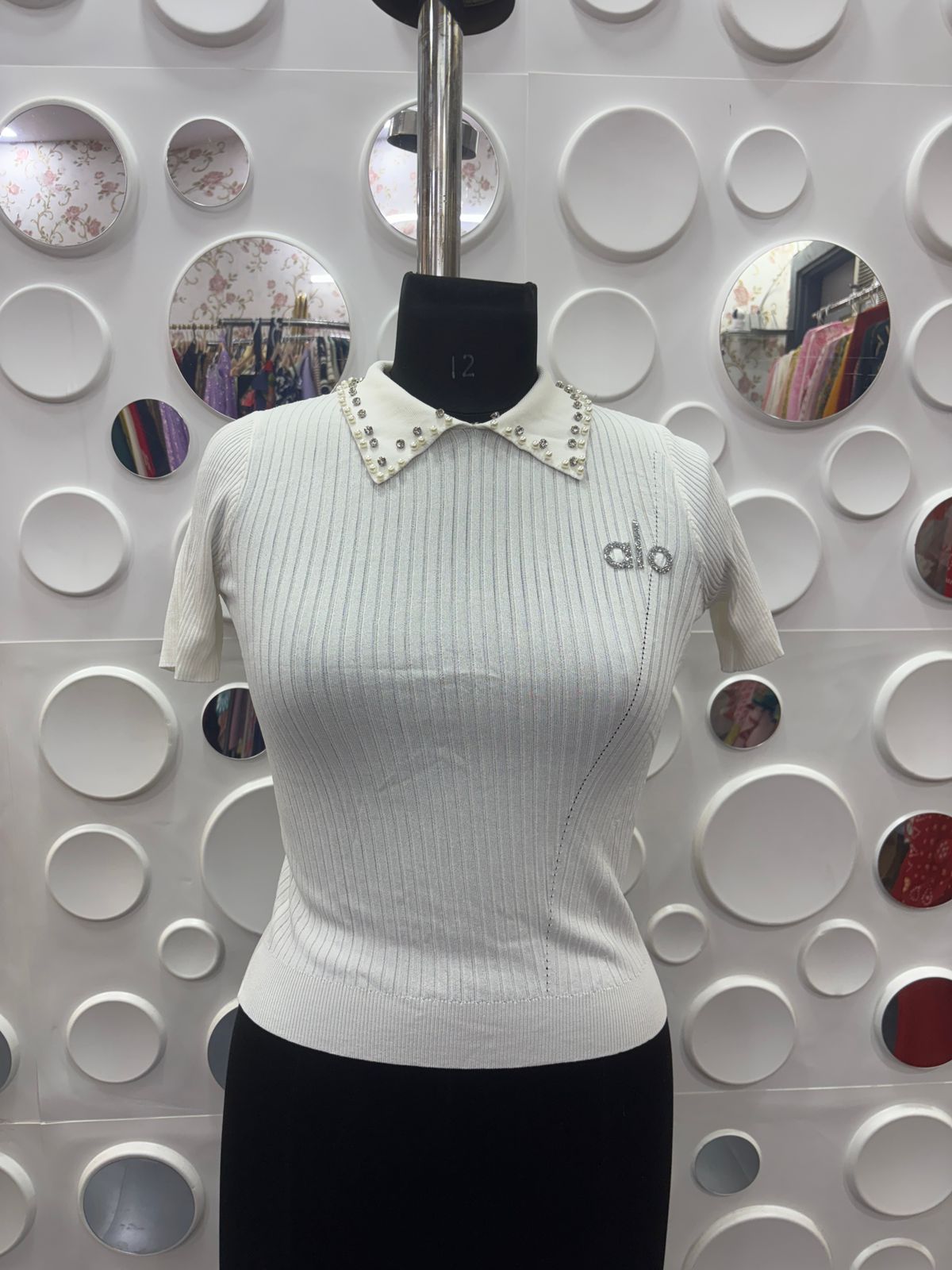 🤍 Ribbed Knit Pearl-Collar Top