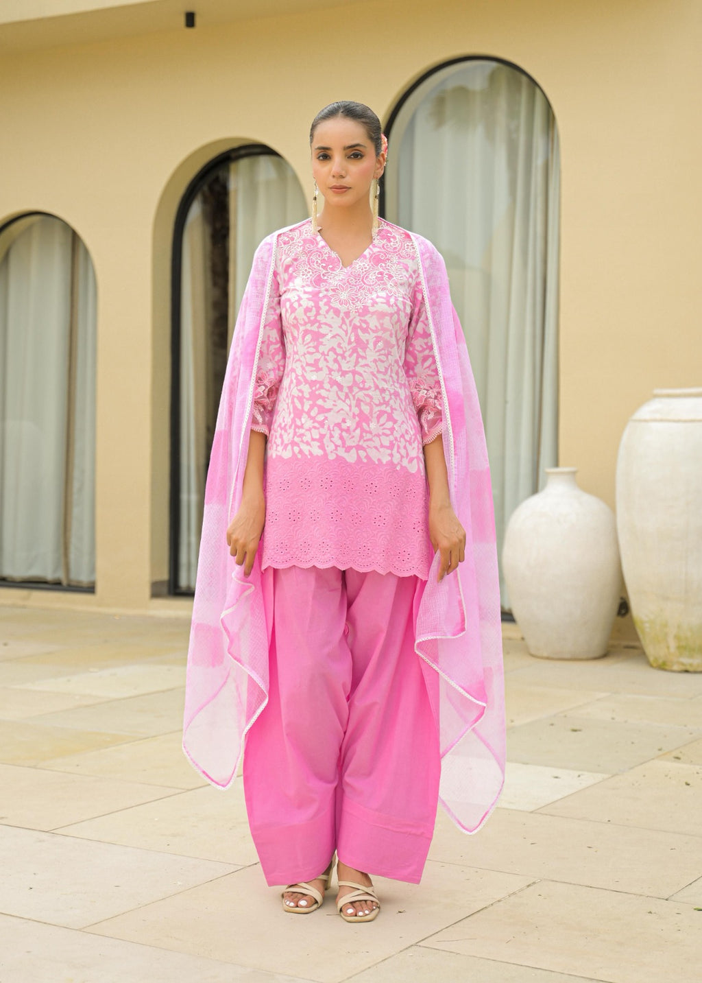 Pink Cotton Embroidered Suit Set