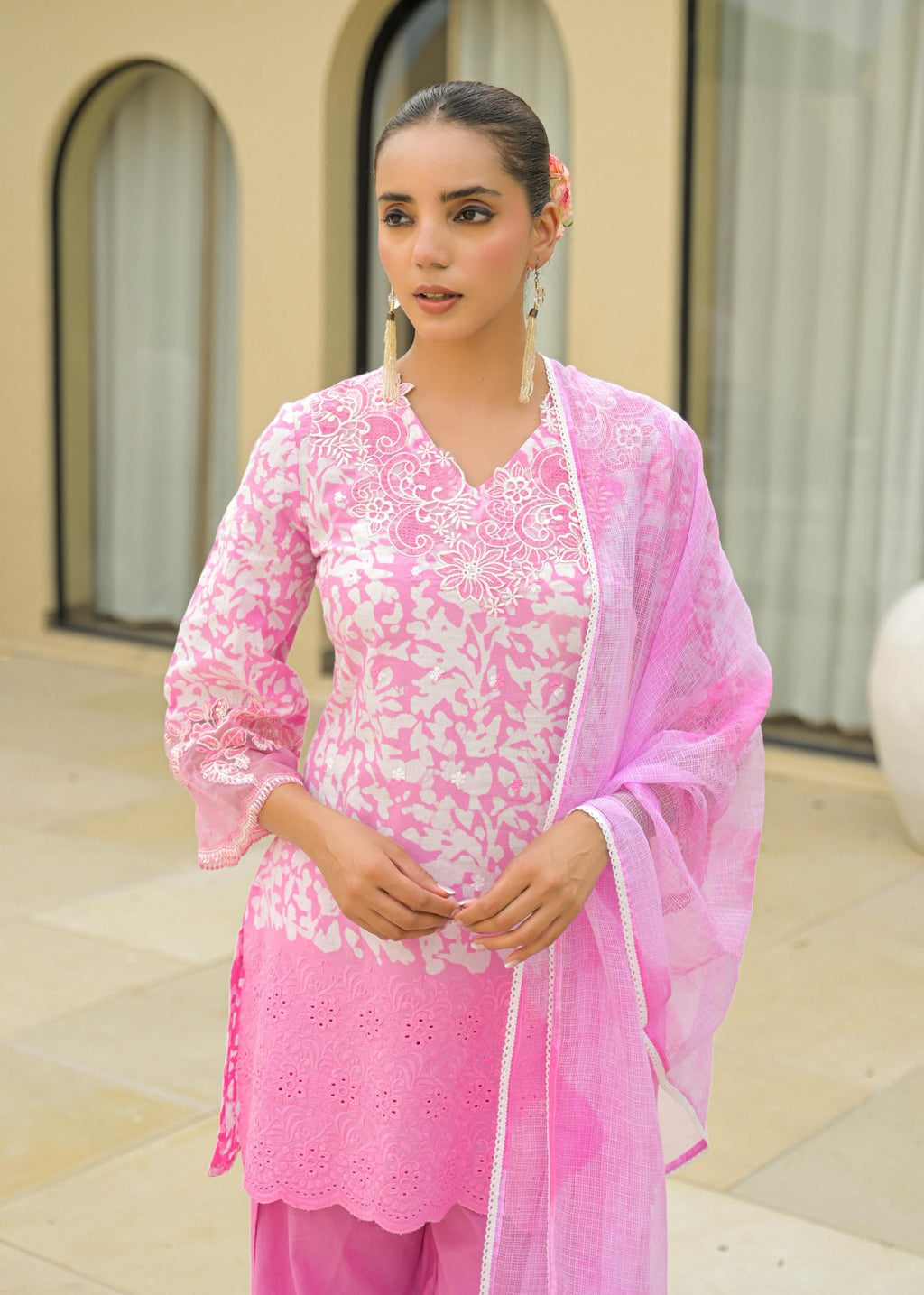 Pink Cotton Embroidered Suit Set