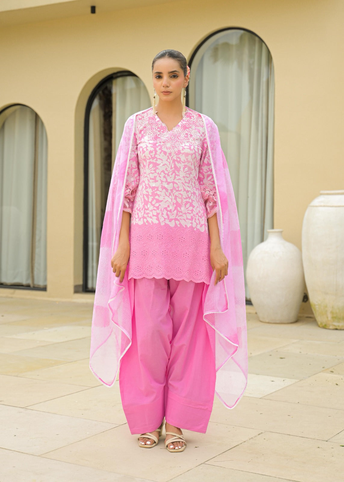 Pink Cotton Embroidered Suit Set