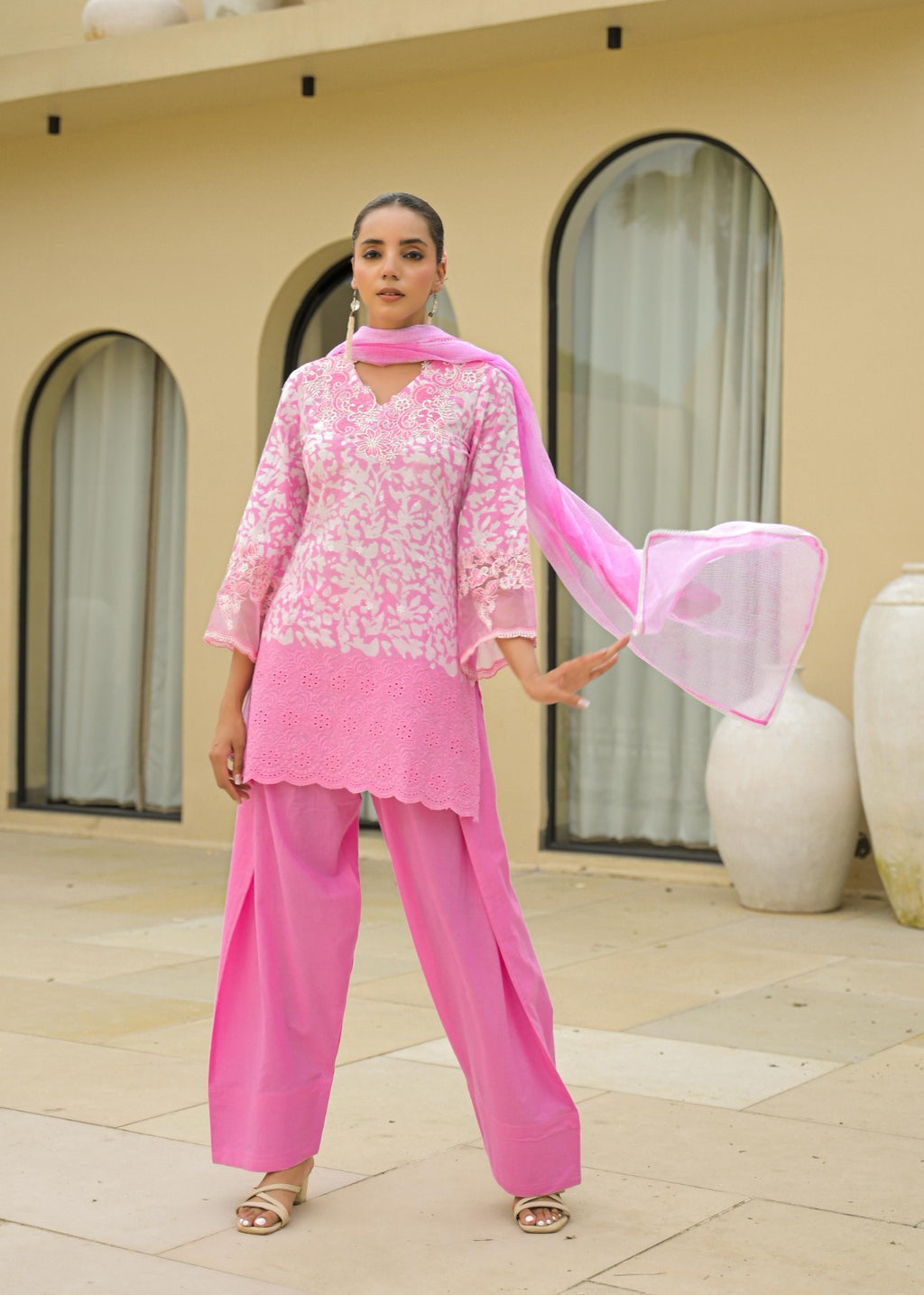 Pink Cotton Embroidered Suit Set