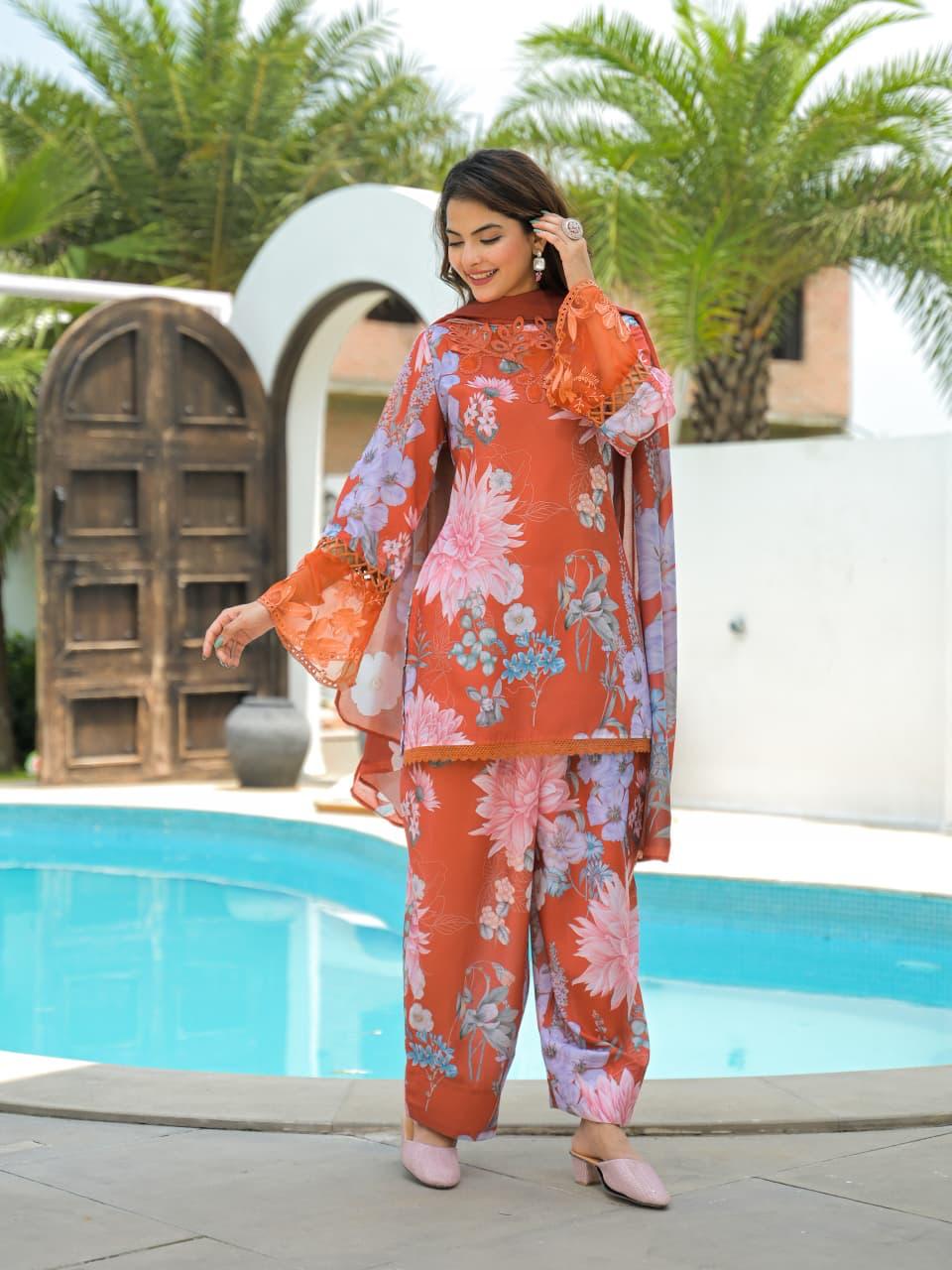 Rust Orange Floral Printed Suit Set