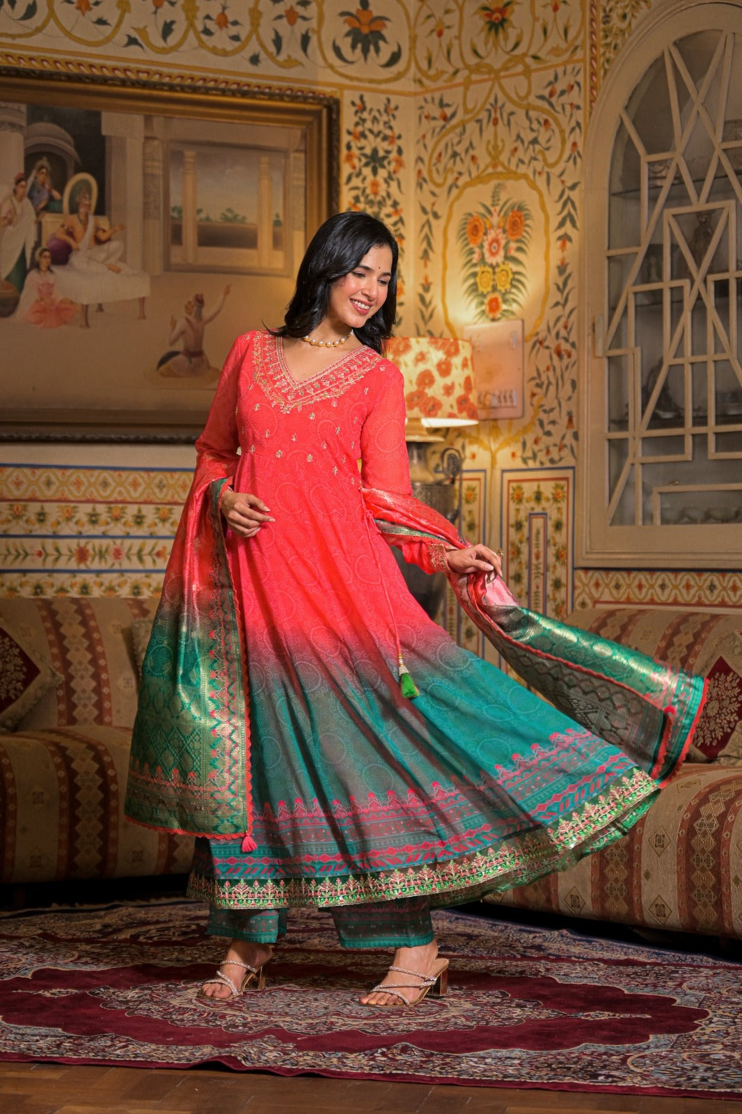 Coral &amp; Teal Ombre Anarkali Suit Set