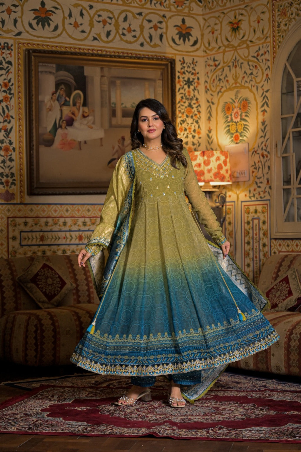 Olive Green &amp; Teal Ombre Anarkali Suit Set