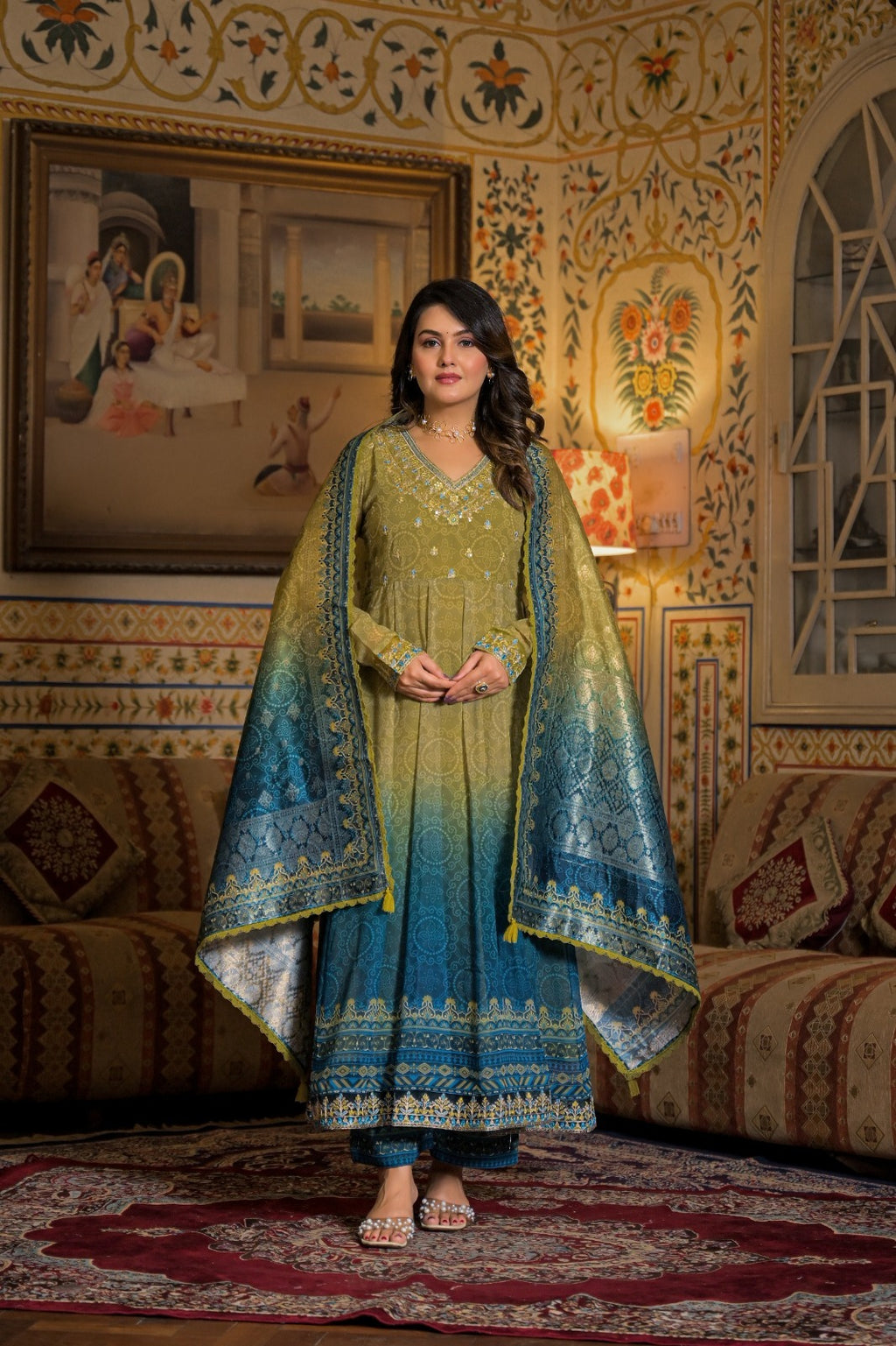 Olive Green &amp; Teal Ombre Anarkali Suit Set