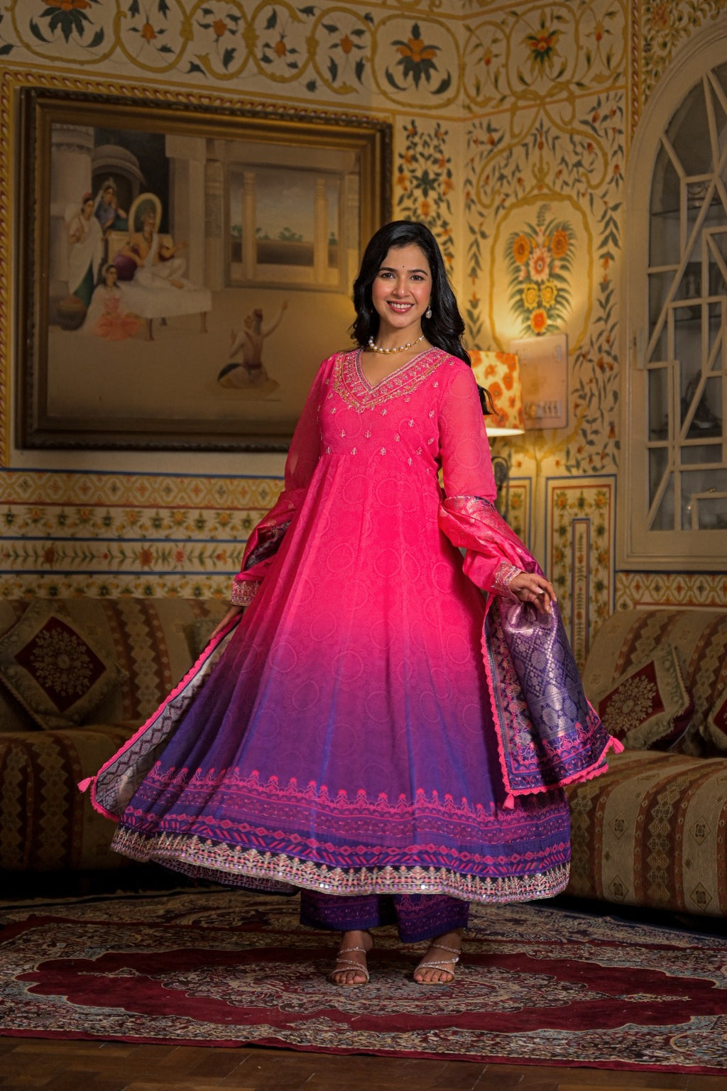 Pink &amp; Purple Ombre Anarkali Suit Set