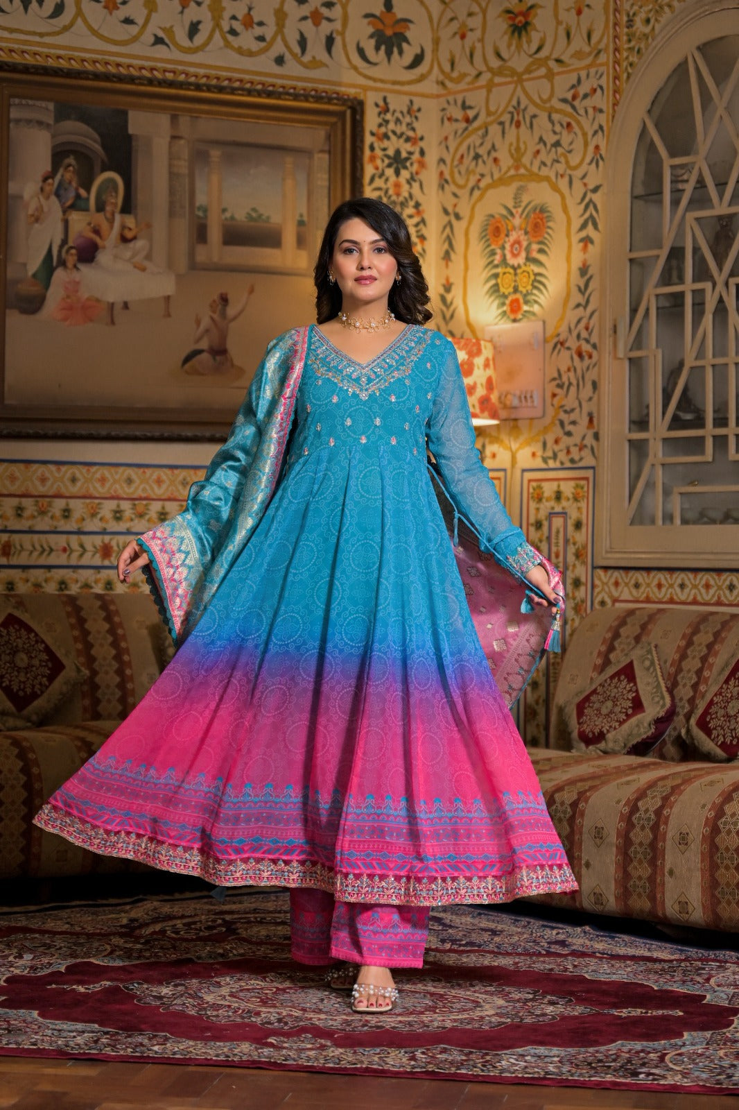 Blue Pink Ombre Anarkali Suit Set