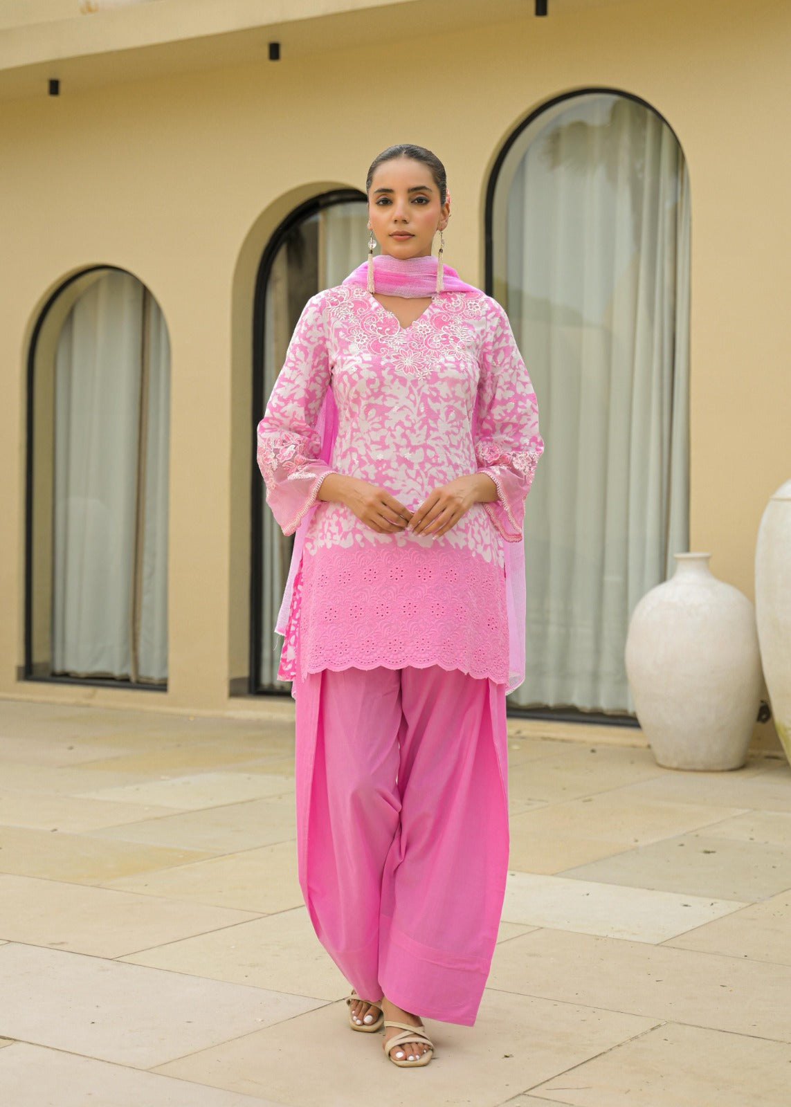 Pink Cotton Embroidered Suit Set