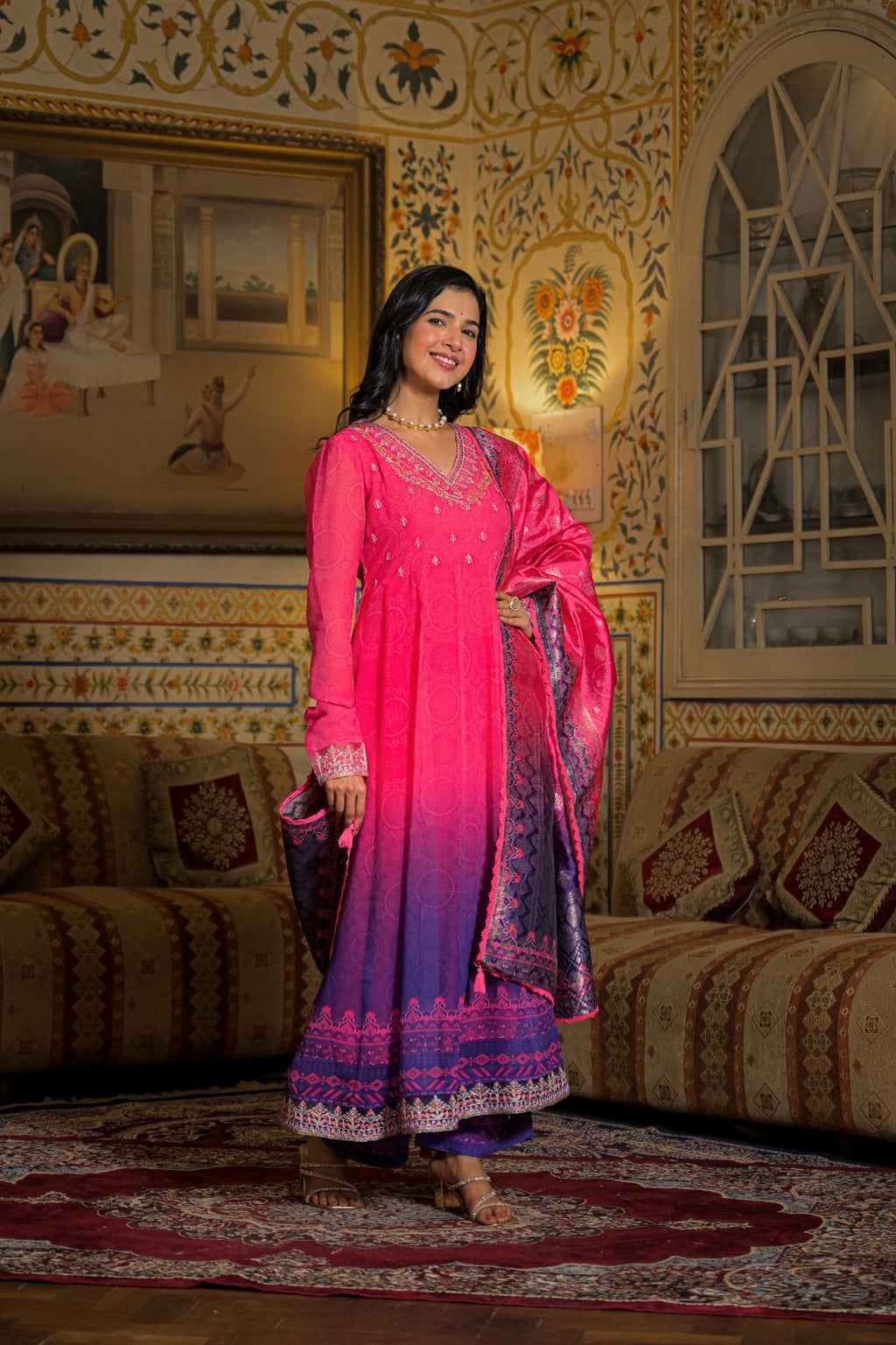 Pink &amp; Purple Ombre Anarkali Suit Set
