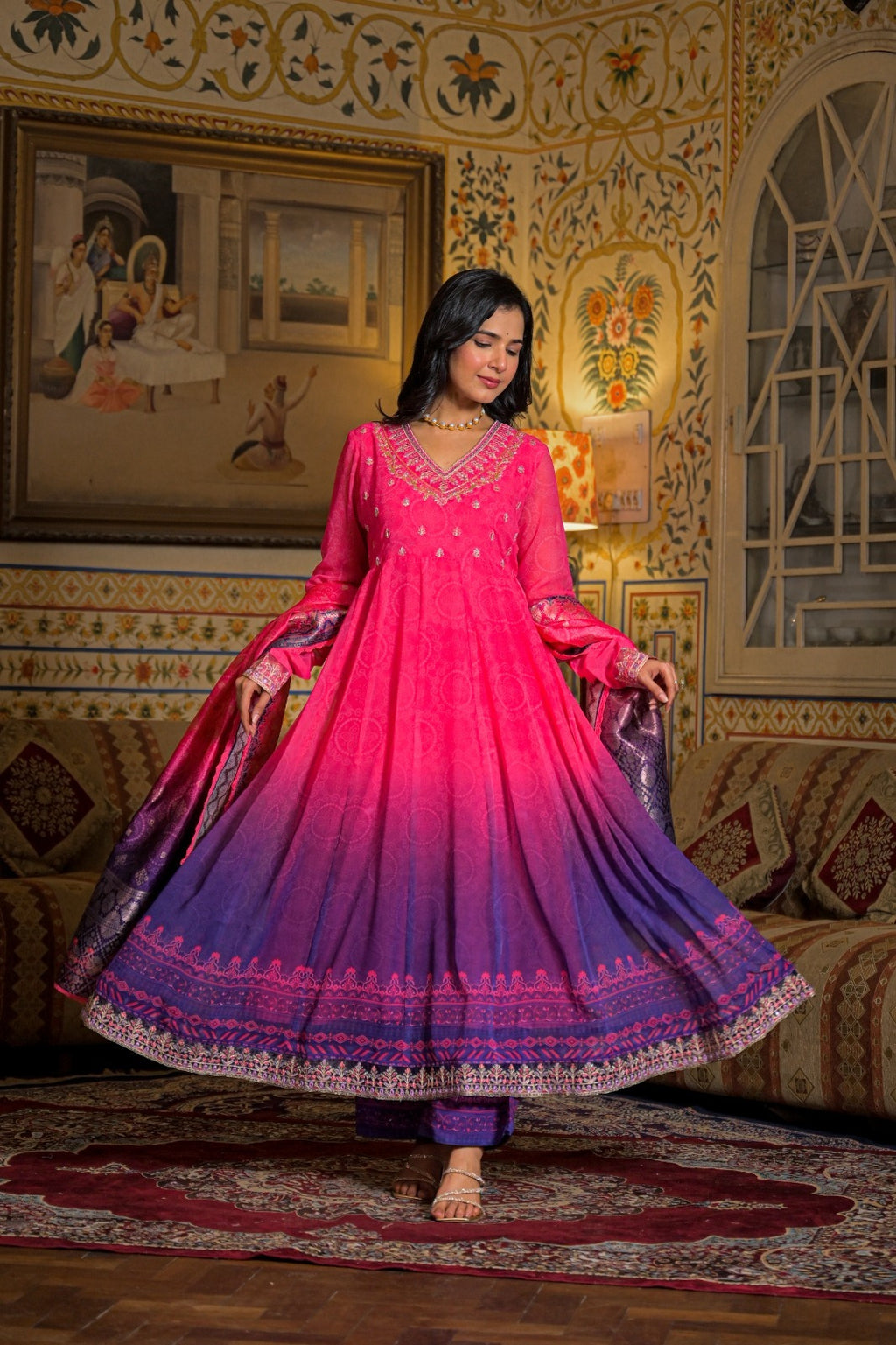 Pink &amp; Purple Ombre Anarkali Suit Set