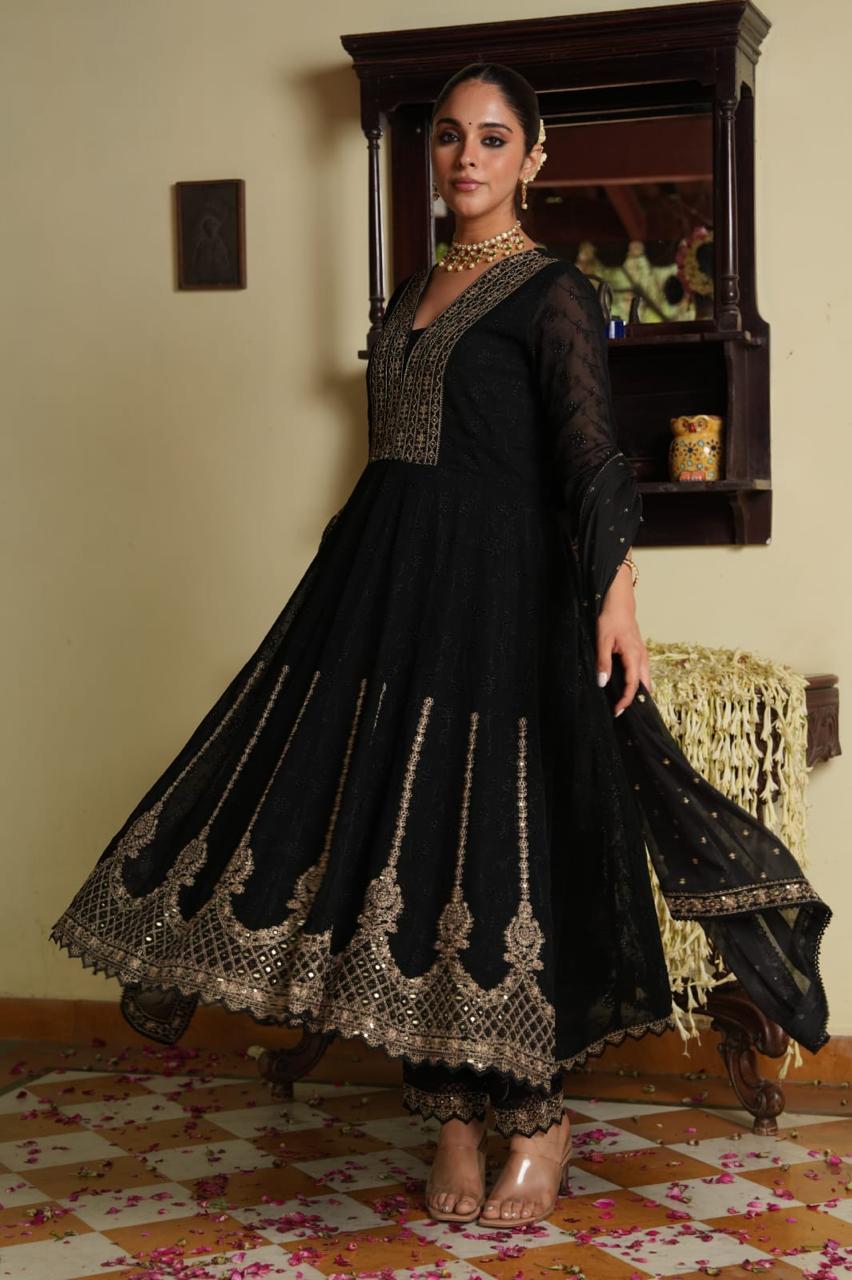 Black Embroidered Anarkali Suit Set