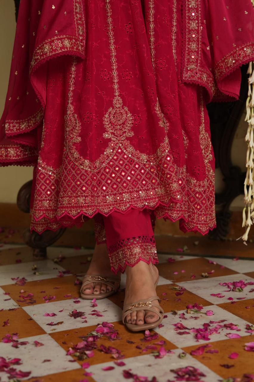 Red Embroidered Anarkali Suit Set