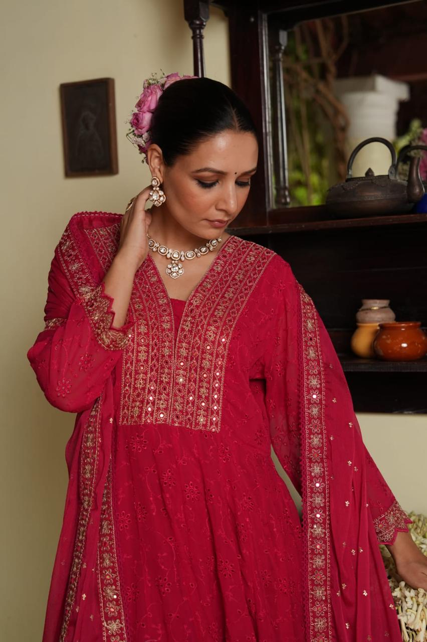 Red Embroidered Anarkali Suit Set